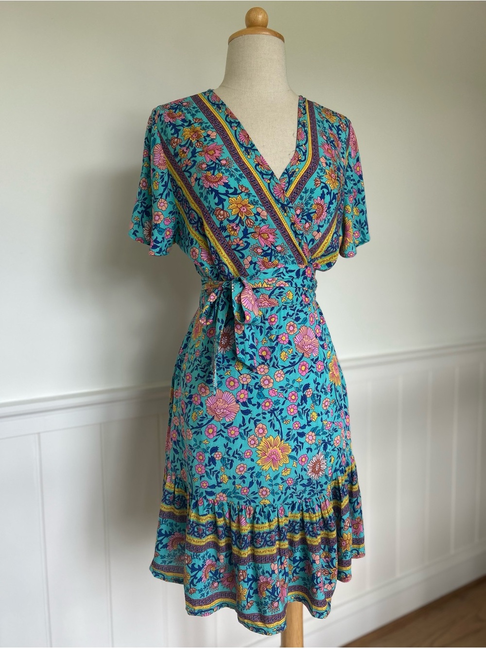 Turquoise Floral Wrap Dress with Pink & Yellow Accents
